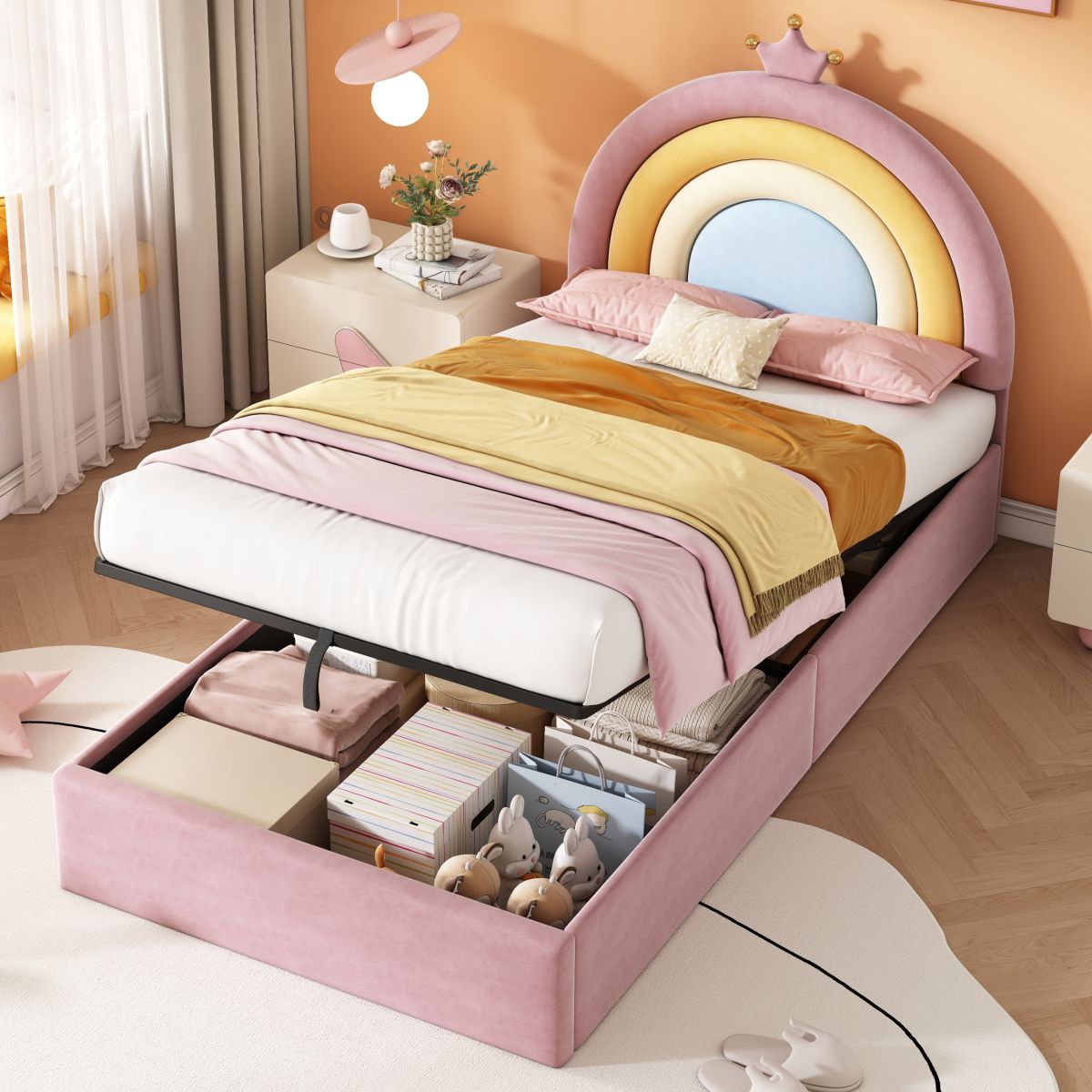 3ft Single Upholstered Hydraulic Bed With Adjustable Rainbow Headboard, Soft Velvet Bed Frame With Hydraulic Storage, Stylish Rainbow Headboard With Crown, No Box Spring Needed, Pink.   No Mattress