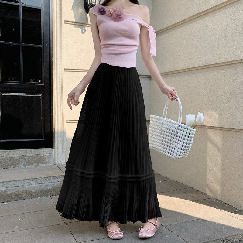 Korean-style Draped Tulle Pleated Skirt For Women