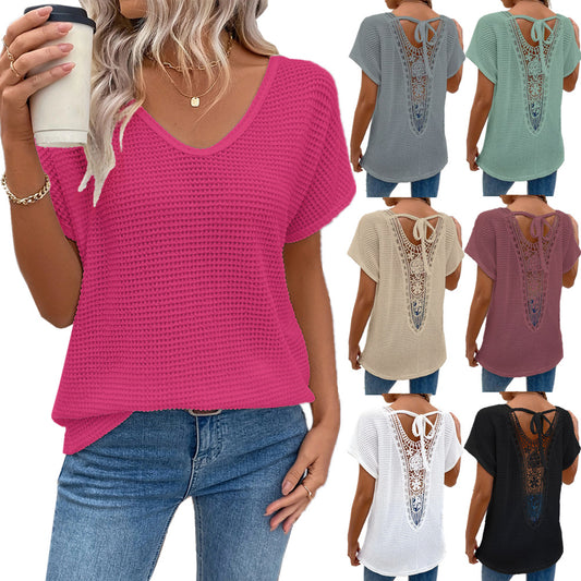 Womens Lace-Panel V-Neck Fashion T-Shirt