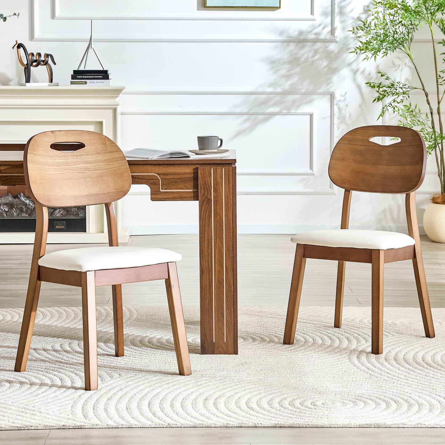 Set Of 2 Dining Chairs With Oval Backrest, Modern Wooden Chairs With Carry Handle Design, Upholstered Kitchen Chairs For Dining Room Living Room, Only Chairs Without Table