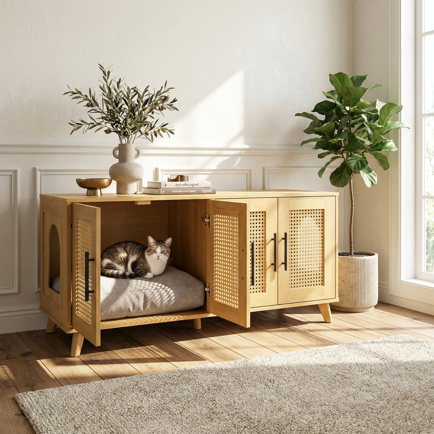 Myra Indoor Premium Rubber Wood Cat Cabinet With Plush Cushion -Stylish Hidden Pet Furniture For Modern Living Spaces