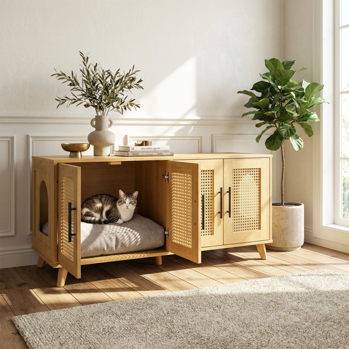Myra Indoor Premium Rubber Wood Cat Cabinet With Plush Cushion -Stylish Hidden Pet Furniture For Modern Living Spaces