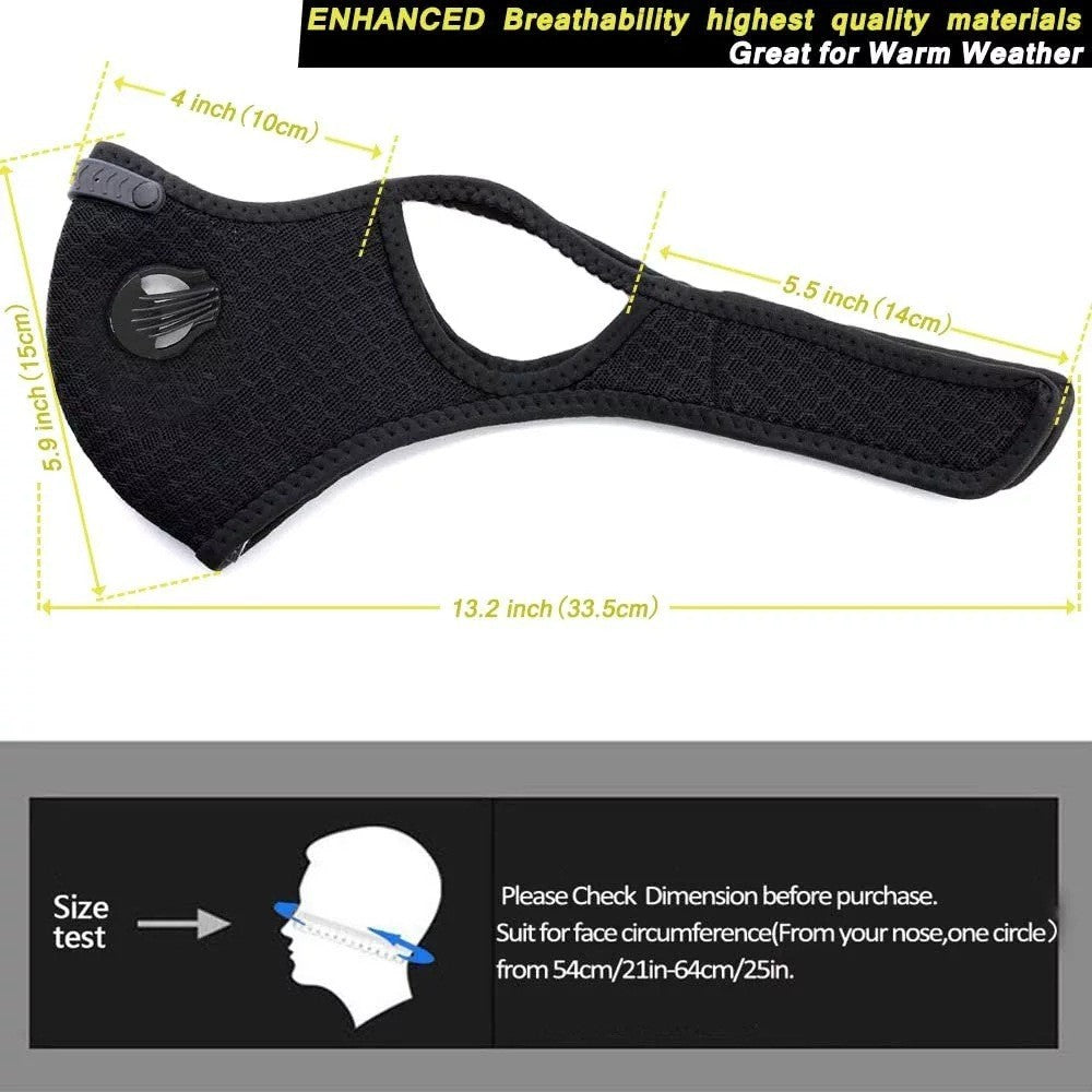 Sport Cycling Face Mask With Active Carbon Filter Breathing Valves Washable