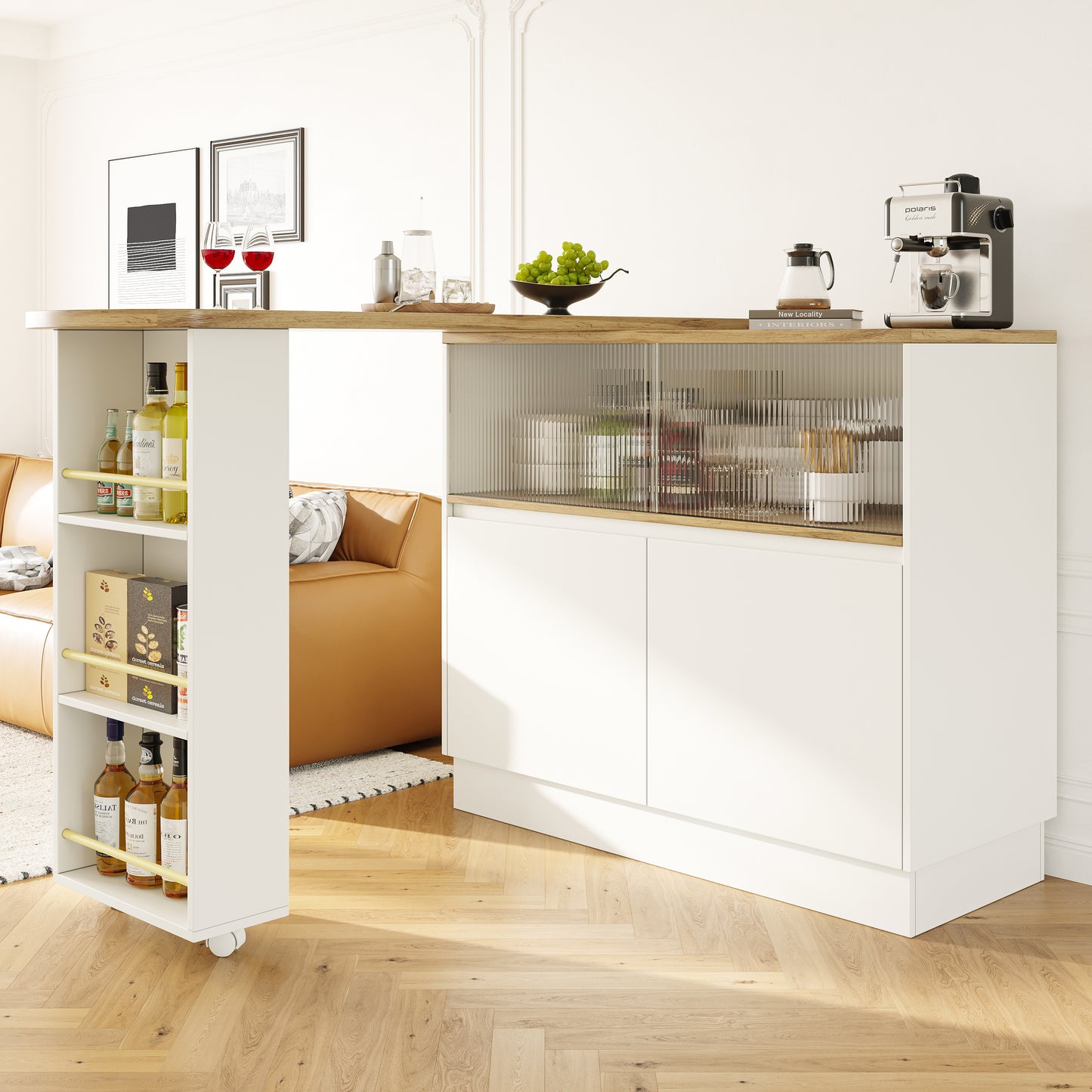 N620P20771617W 360 Rotatable Edible Bar  Main Body 90 X 45 X 100 Cm , Modern, Simple, Multifunctional, Swivel Sideboard With Shelves And Glass, Suitable For Kitchens And Restaurants