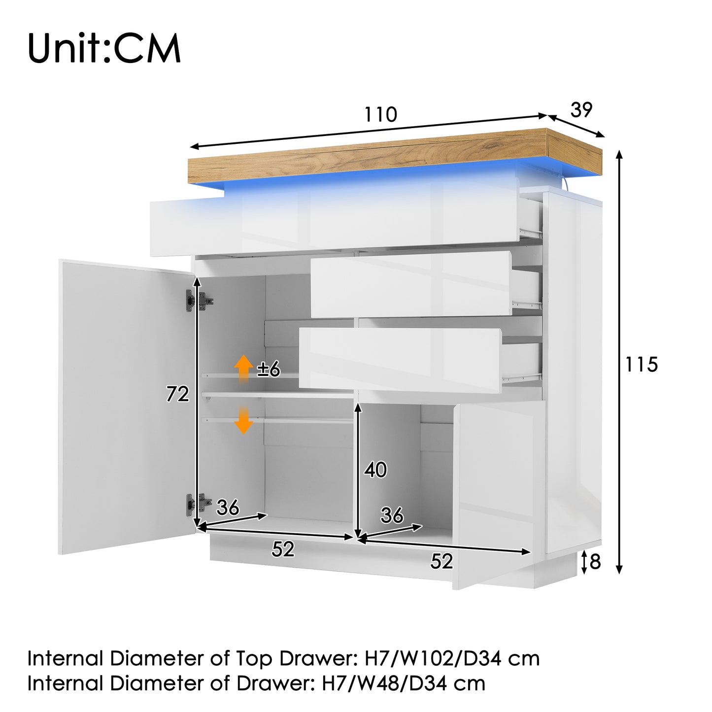 Chest Of Drawers, High-gloss Sideboard With 2 Doors And 3 Drawers, LED Lighting  App Control , Multi-purpose Wardrobe For Living Room And Bedroom, 115 X 110 X 39 Cm, White