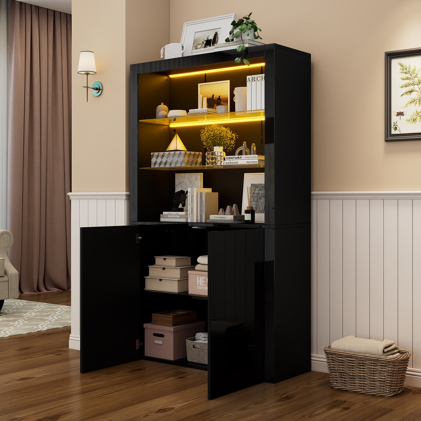 1 00x35x170cm Cabinet,Display Cabinet High Gloss Storage Cabinet With LED Lighting,2Glass Floor,2 Cabinets,Highboard, Living Room Cabinet, Storage Cabinet, Tall Cabinet, Sofa Cabinet,Black