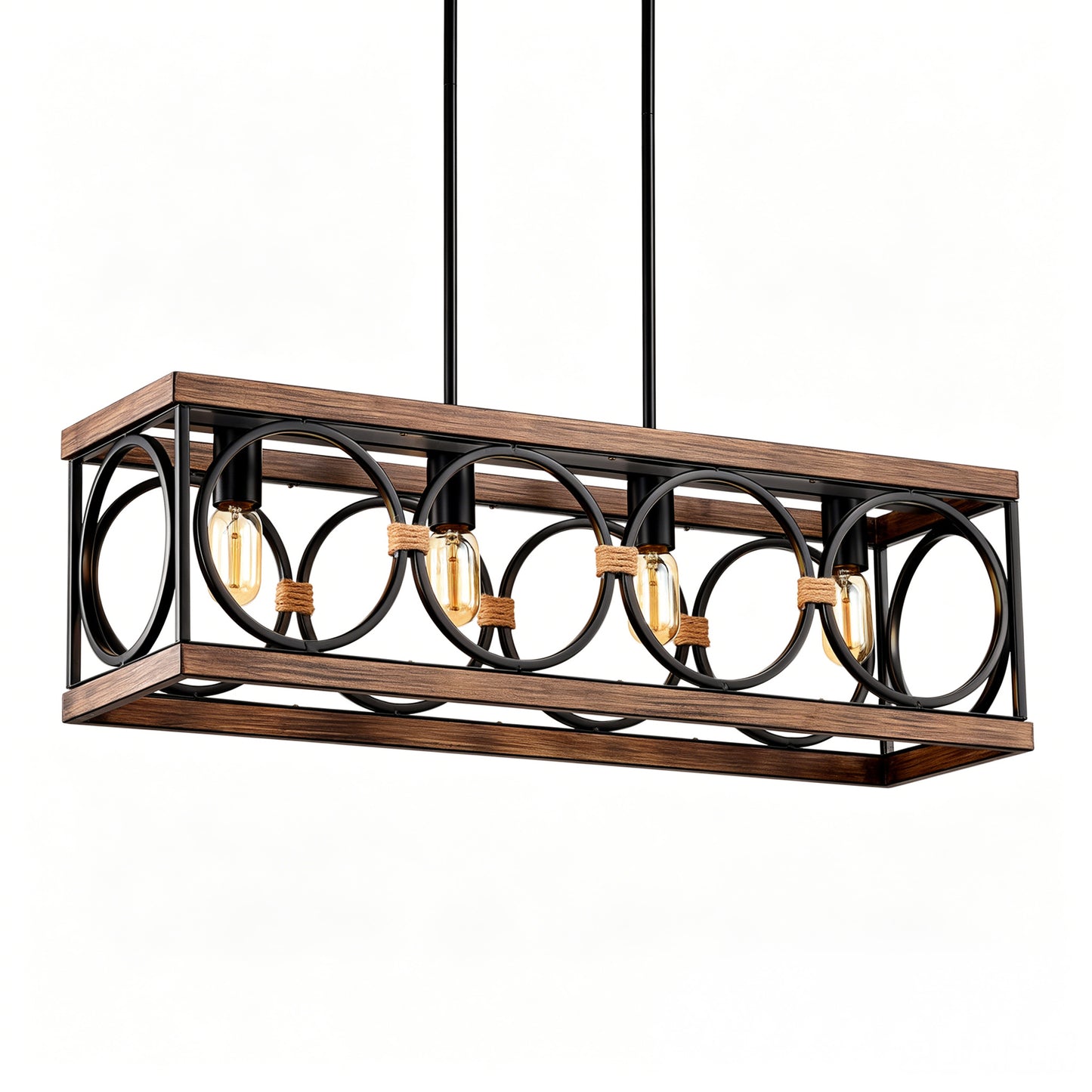 4-Light  Bulb NO Included Farmhouse Rectangle Pendant Light,31.6  Nature Wood Texture Vintage Rustic Chandeliers Black Metal Industrial Hanging Light Fixtures For Kitchen, Entryway, Dining Room