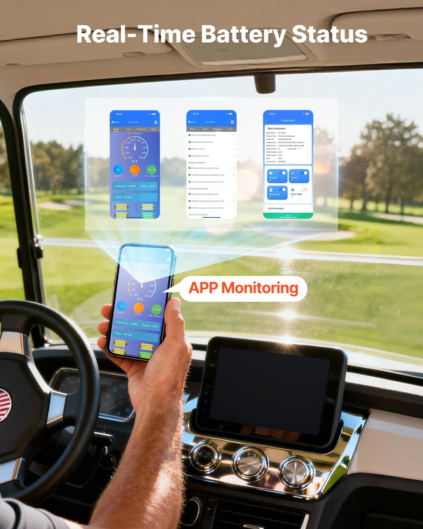 48V (51.2V) 52AH Lithium Golf Cart Battery, With 15A Charger, Lifepo4 Battery Kit, Built-in 100A BMS, 4000 Cycles, 2C Discharge Rate, Bluetooth & Mobile APP, For Golf Carts, Trolling Motors