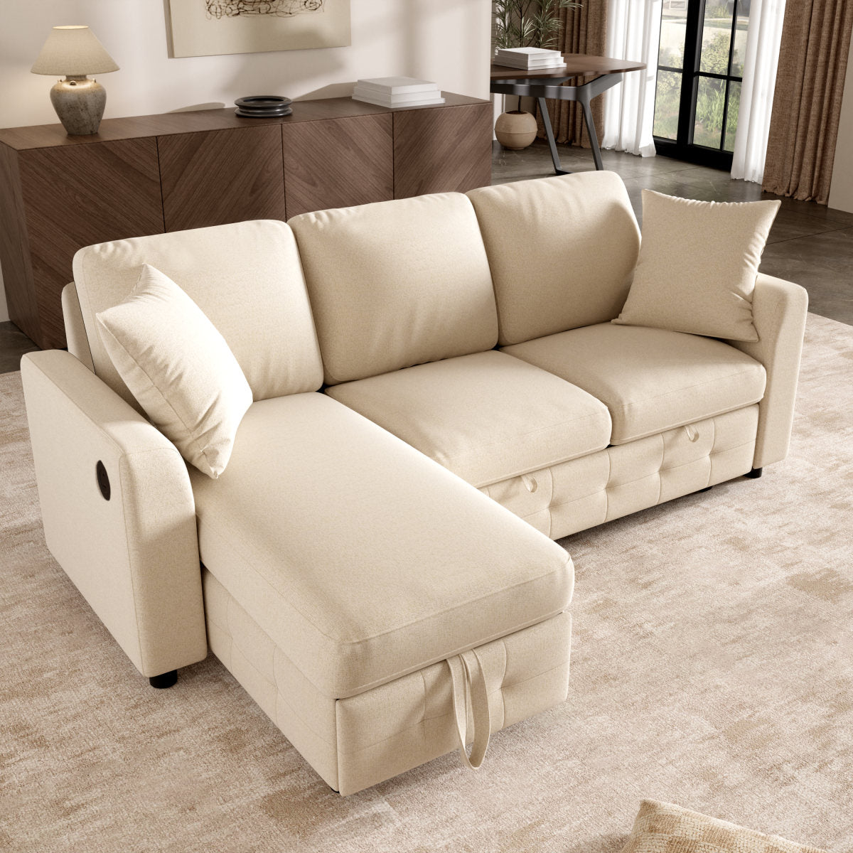 Modern Luxury Chenille L-Shaped Sectional Sofa With 1 Storage Chaise Lounges, 2 Square Cushions, Convertible Corner Sleeper Chair Bed, Comfy Couch For Living Room, Beige, 200 X 130.5 X 83.7 Cm