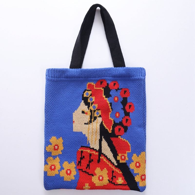 Peking Opera Facial Makeup Vintage Wool Knitted Bag Large Capacity Shopping Bag Shoulder Handbag