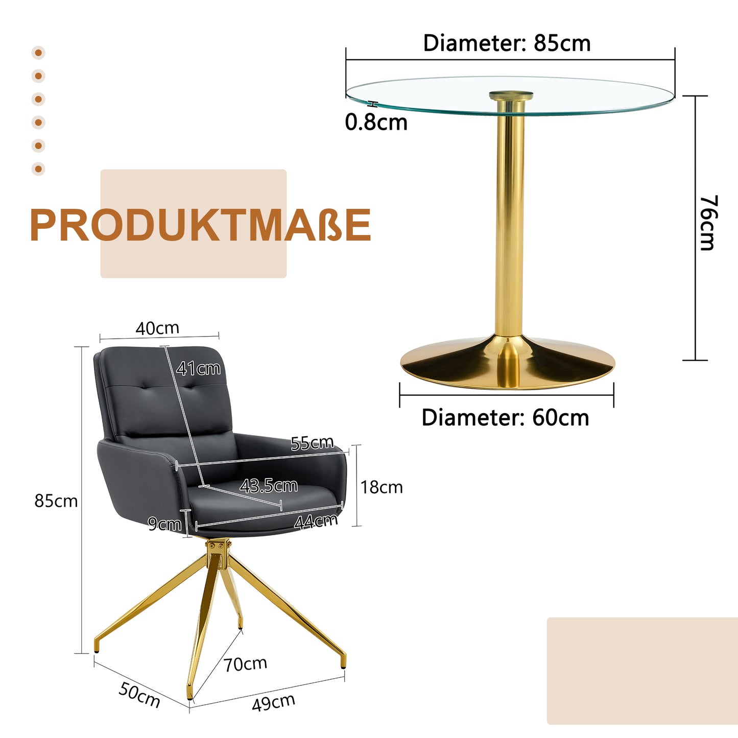 Table And Chair Collection 85 Cm Diameter, Slightly Luxurious Round Tempered Glass Table With Metallic Support Structure, Matching 2 Black-gold 360 Swivel PU Dining Chairs.