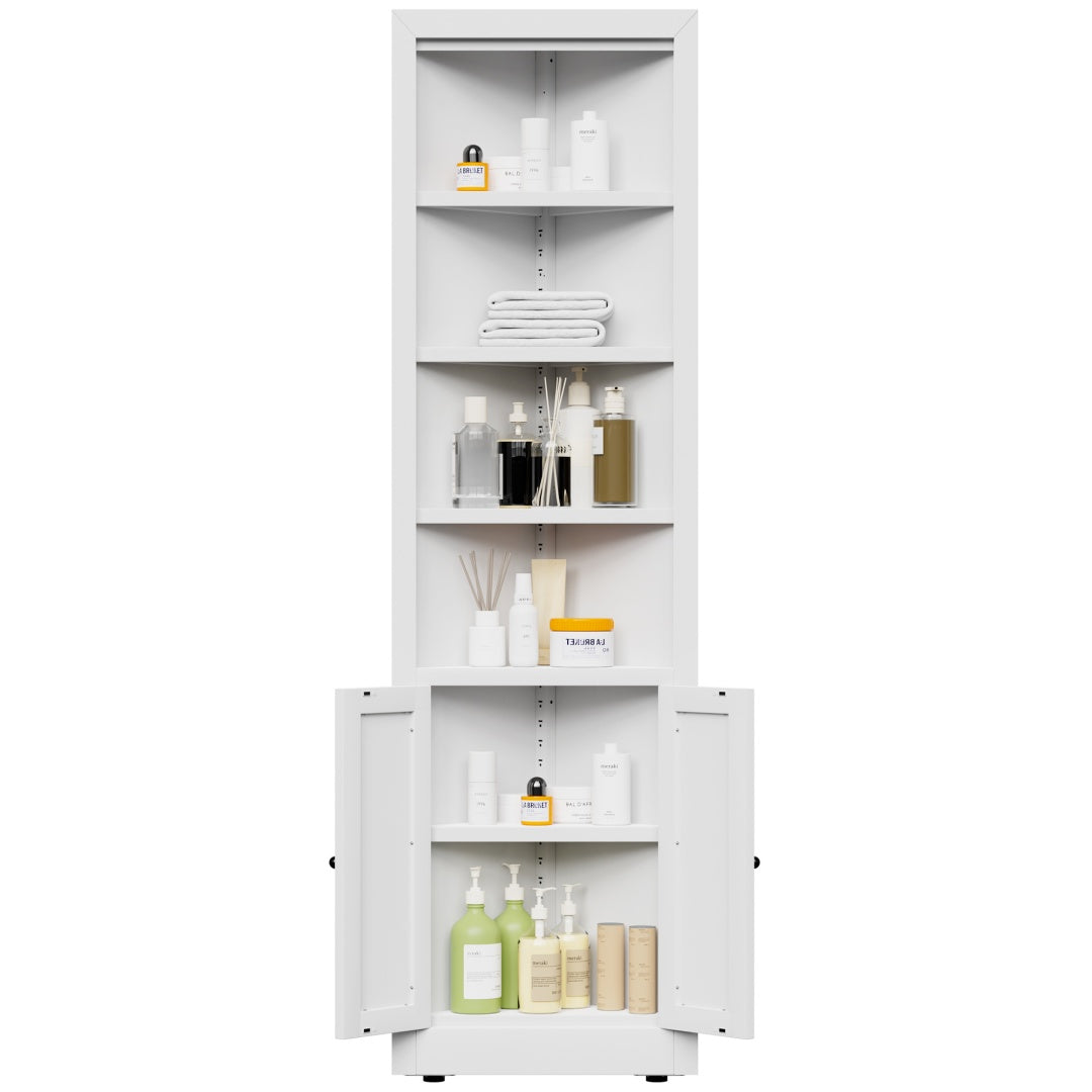 71in Tall Corner Storage Cabinet With 2 Doors, 5-Tier Metal Cabinet With Adjustable Shelves, Freestanding Kitchen Storage For Pantry, Living Room, Bathroom, Laundry Room, Space Saving Furniture, White