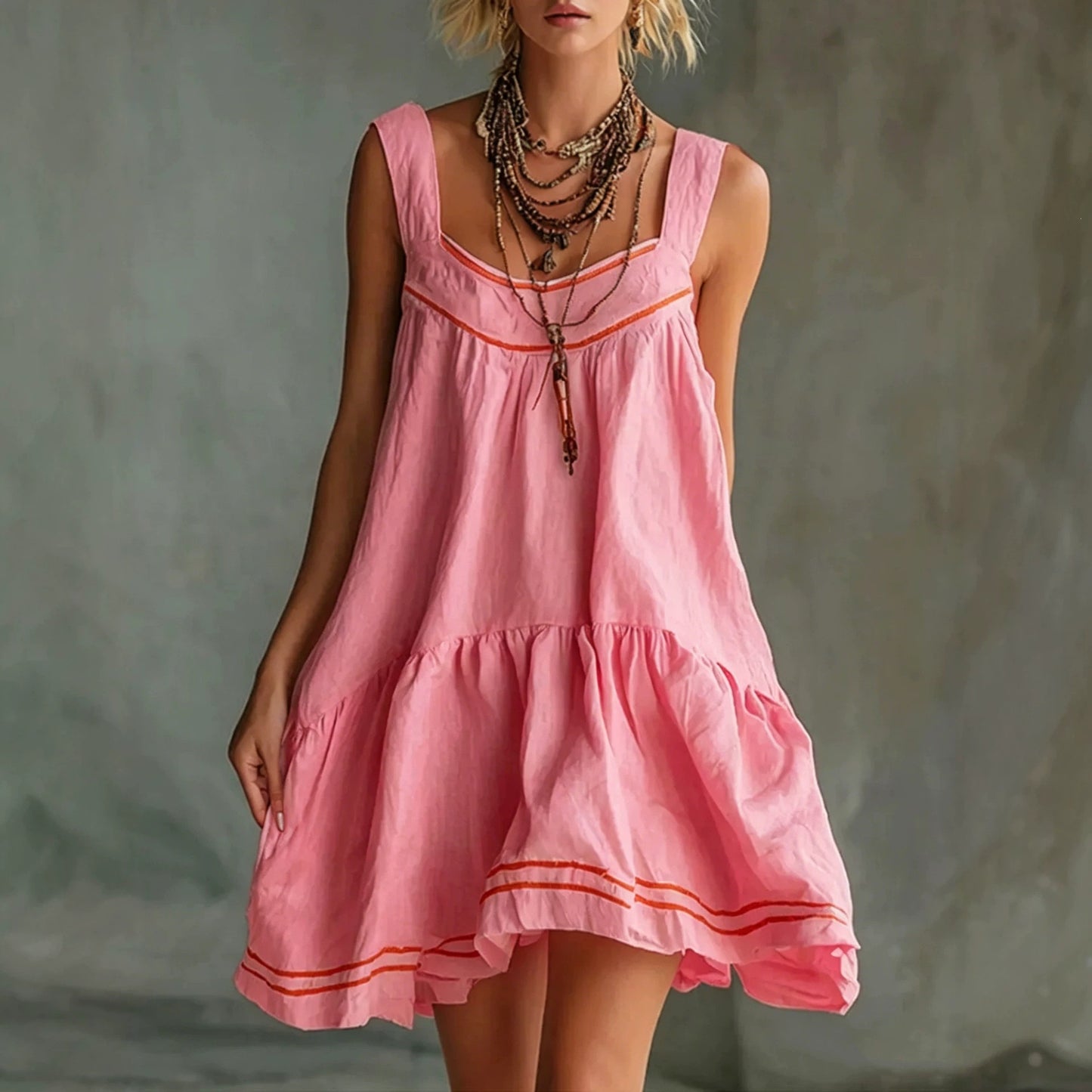 New Retro Casual Chic Embossed Comfortable Solid-color Cotton-linen Mini Slip Dress