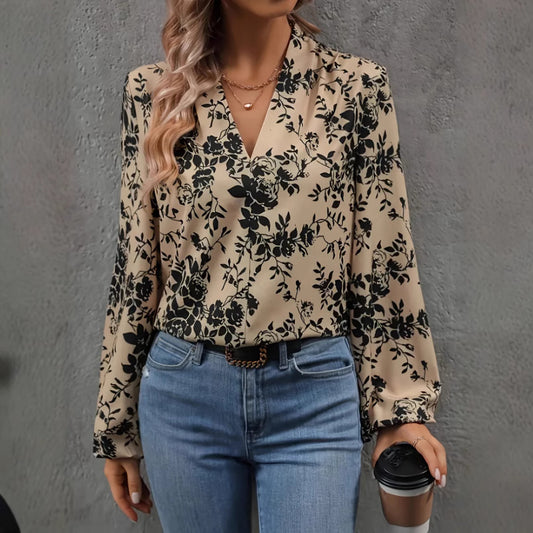Womens Fashion Floral Print V-Neck Shirt