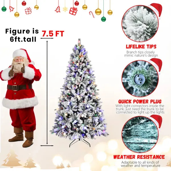 Artificial 8ft Flock Christmas Tree With 1793PE/PVC Mixed Branch Tips, 470L Warm White Lights, Hinged Premium & Foldable Base For Indoor Holiday Decorating