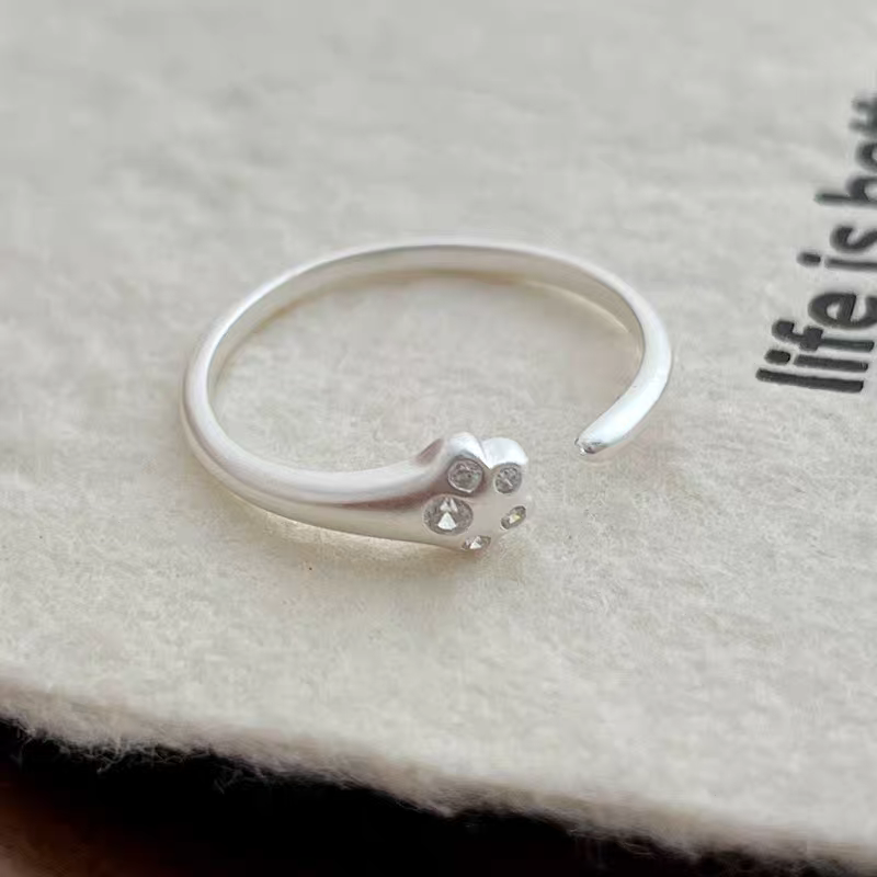 1pc 999 Sterling Silver Zircon Cat Paw Open Ring, Cute & Sweet Style, Perfect For Daily Wear & Valentine's Day Gift