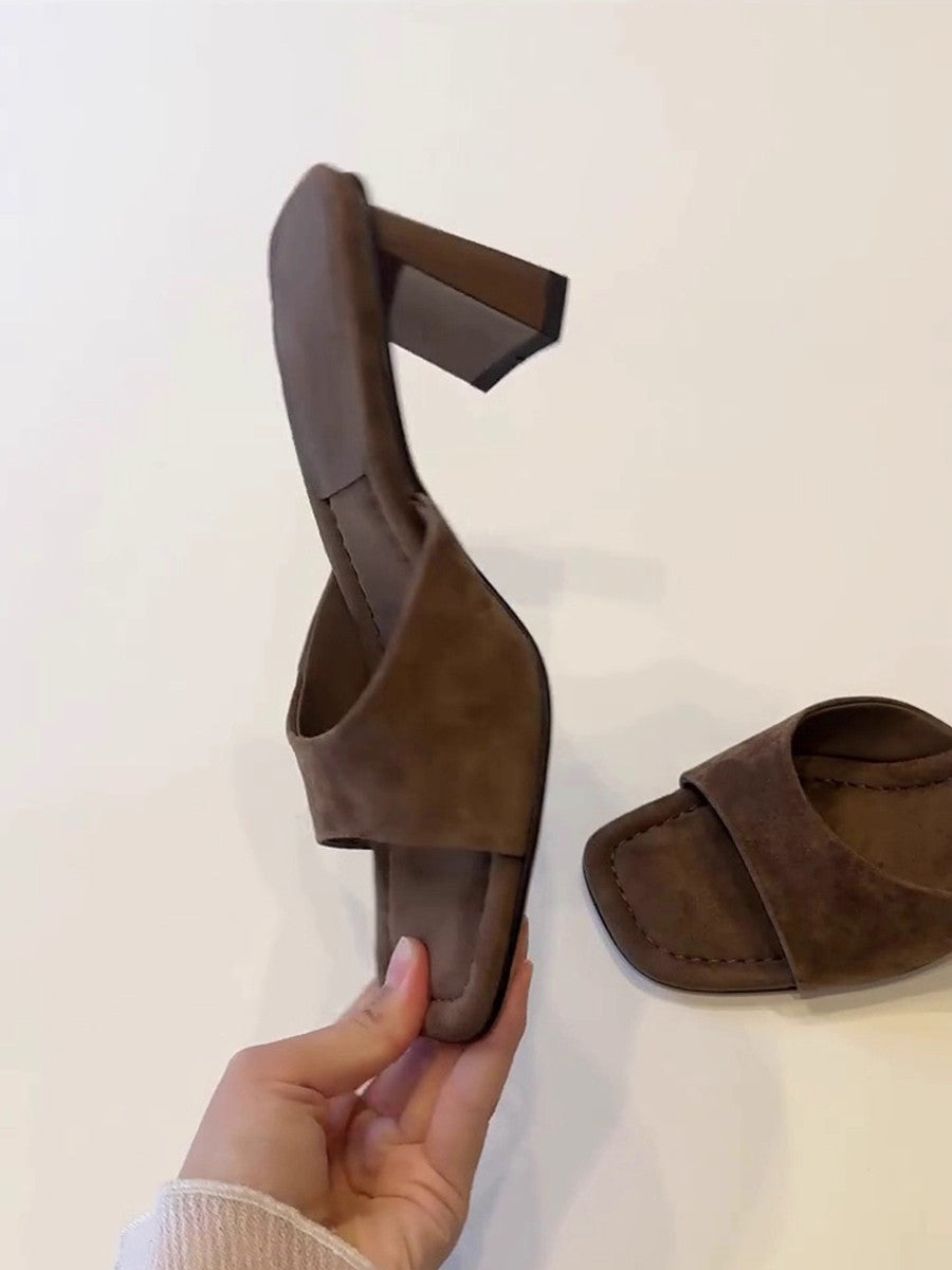 Elevated Version French Open Square Toe High Heel Slides For Women, Simple Slip-On Block Heel All-Match One-Strap Summer Outdoor Sandals