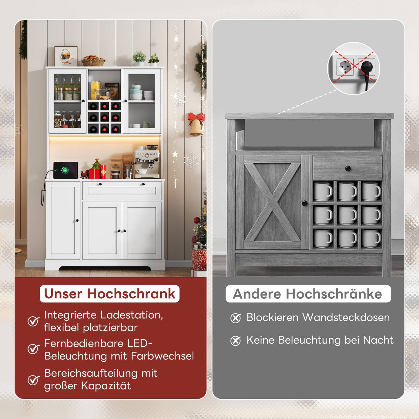 Kitchen Cabinet, Tall Cabinet, Storage Cabinet, Display Cabinet With Door, Integrated Spice Rack, Adjustable Shelves, With Color-changing LED Lighting And Socket, 180 X105 X 40 Cm