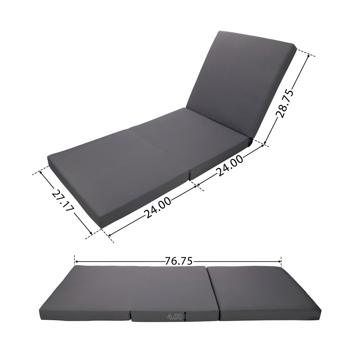 Teak Finish Acacia Wood Chaise Lounge With 4-Inch Dark Grey 3-Fold Water-Resistant Cushion Set, 4-Position Adjustable Outdoor Patio Lounger With Flat Side Surface- Matching Cream Version Available