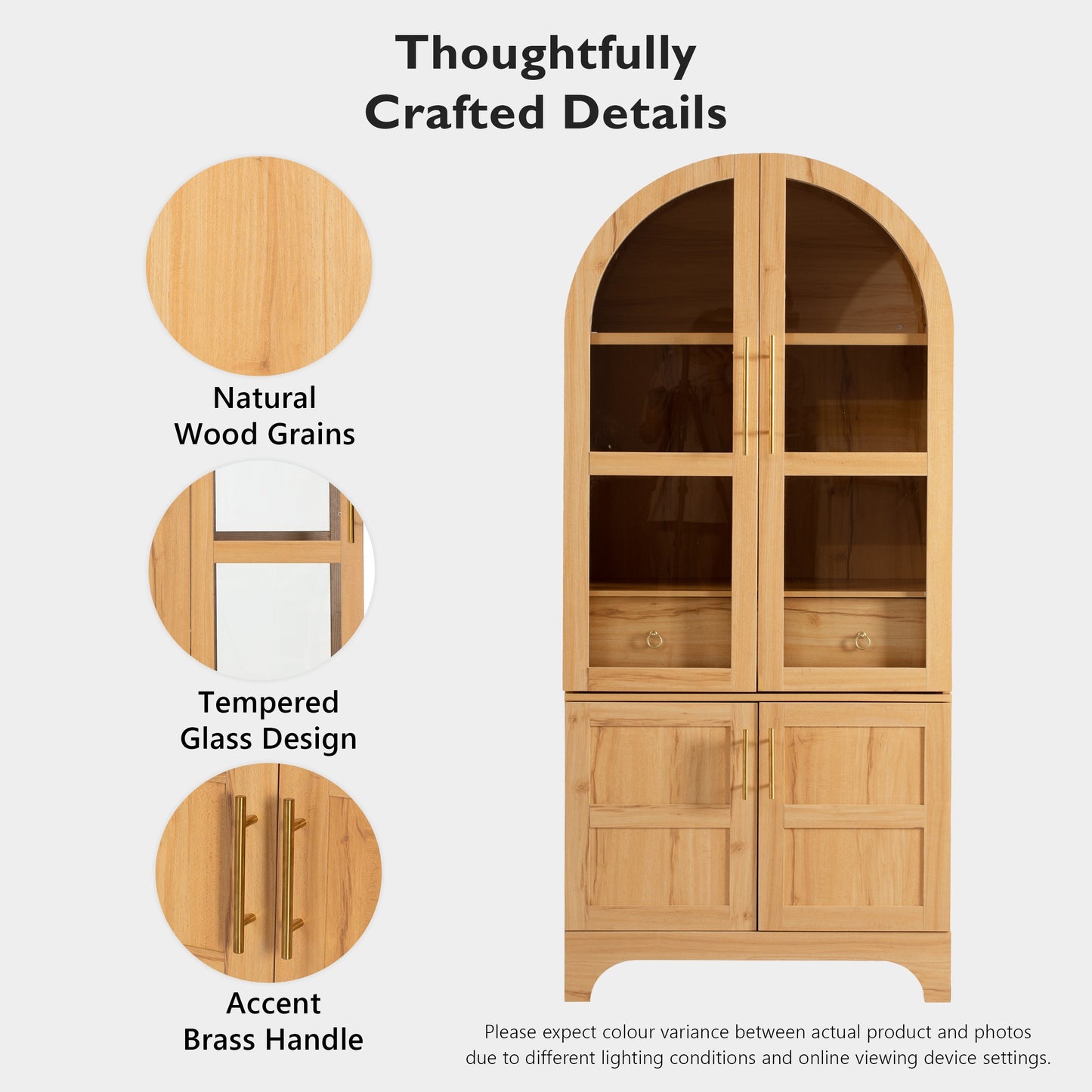 K&K 71  Tall Arched Kitchen Pantry Cabinet With Door Shelves, Farmhouse Kitchen Storage Cabinet With Open & Adjustable Shelves, Hidden Drawer & Glass Door, Cupboard For Kitchen, Dining Room, Natural
