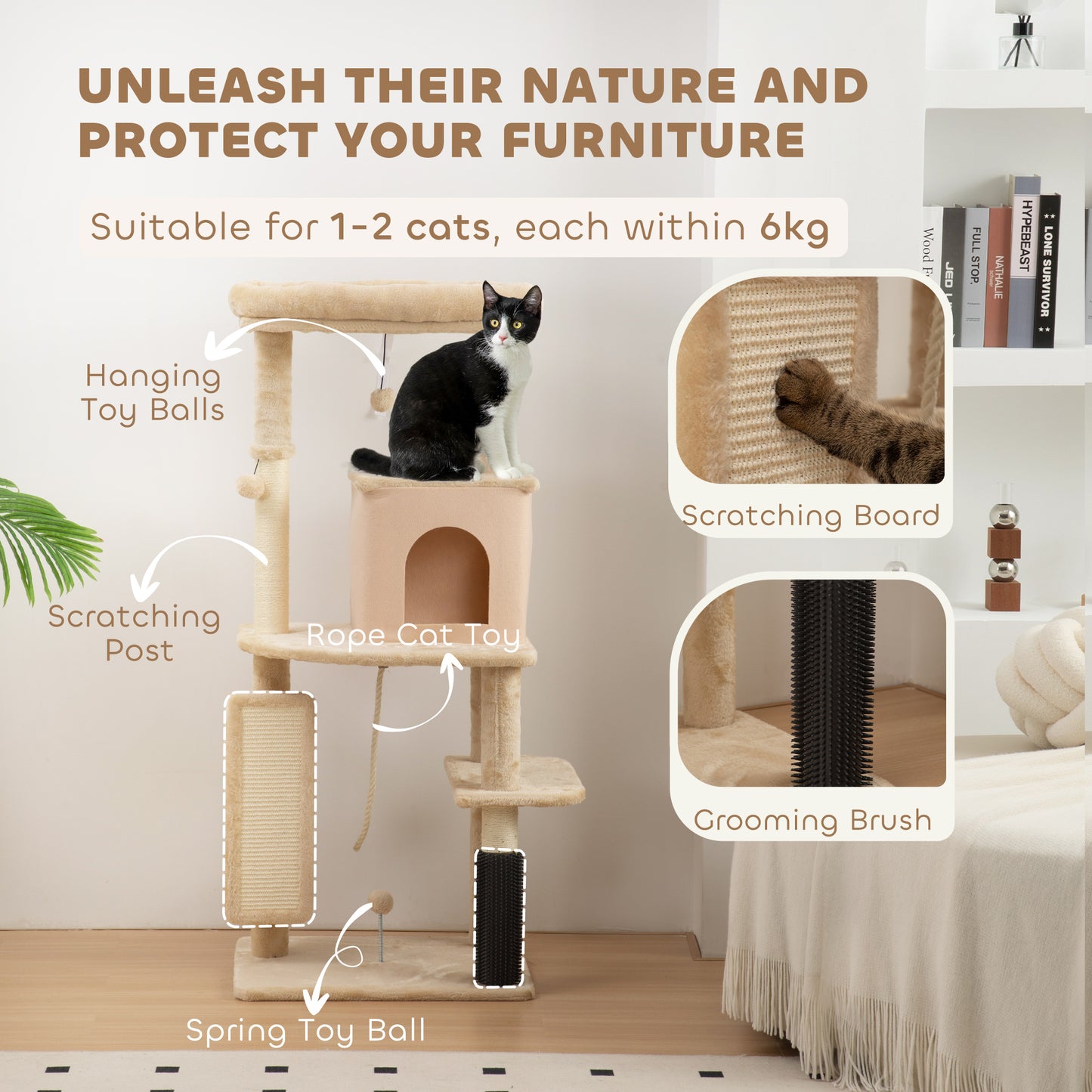 PawHut 132cm Cat Tree W Scratching Posts, Pad, Cat Bed, Cat House, Jumping Platform, Grooming Brush, Anti-Tip Kit, Beige