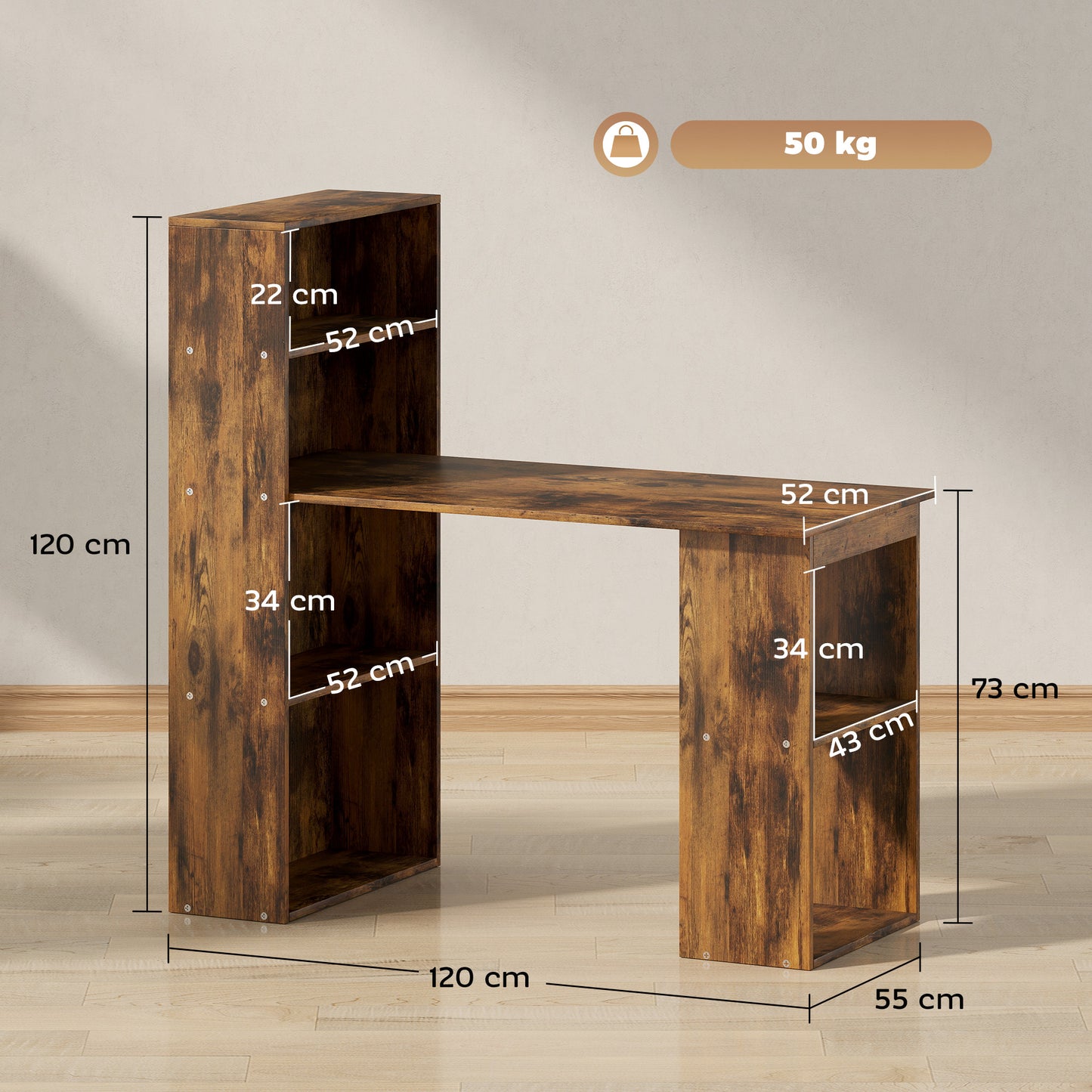 120cm Computer Desk, Wooden PC Laptop Table With 6-Tier Storage Bookshelves, Home Office Working Study Desk, Writing Workstation, Rustic Brown Wood-Effect