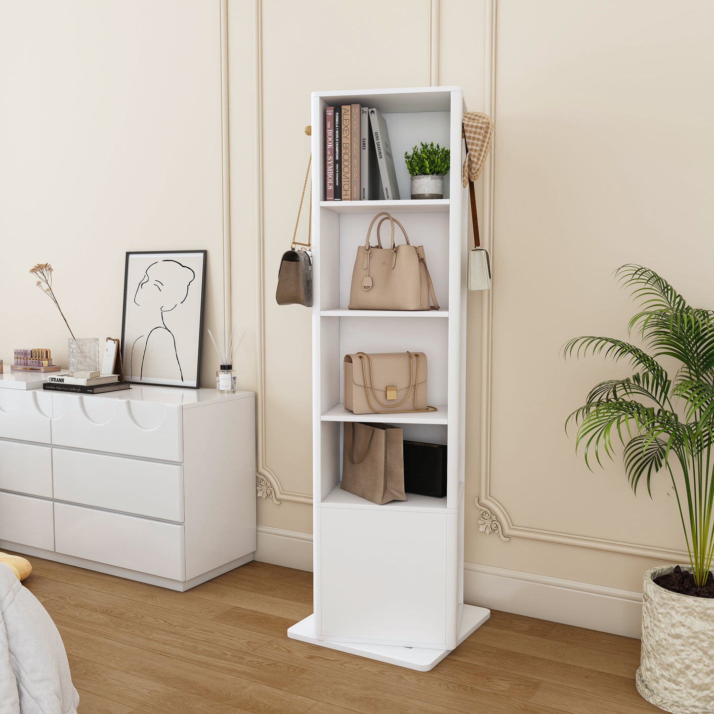 360  Rotating Makeup Cabinet  Jewelry Cabinet With A Full-length Mirror  Standing Storage Cabinet With A Coat Rack  4 Layers Of Open Shelves And 2 Layers Of Built-in Shelves  White