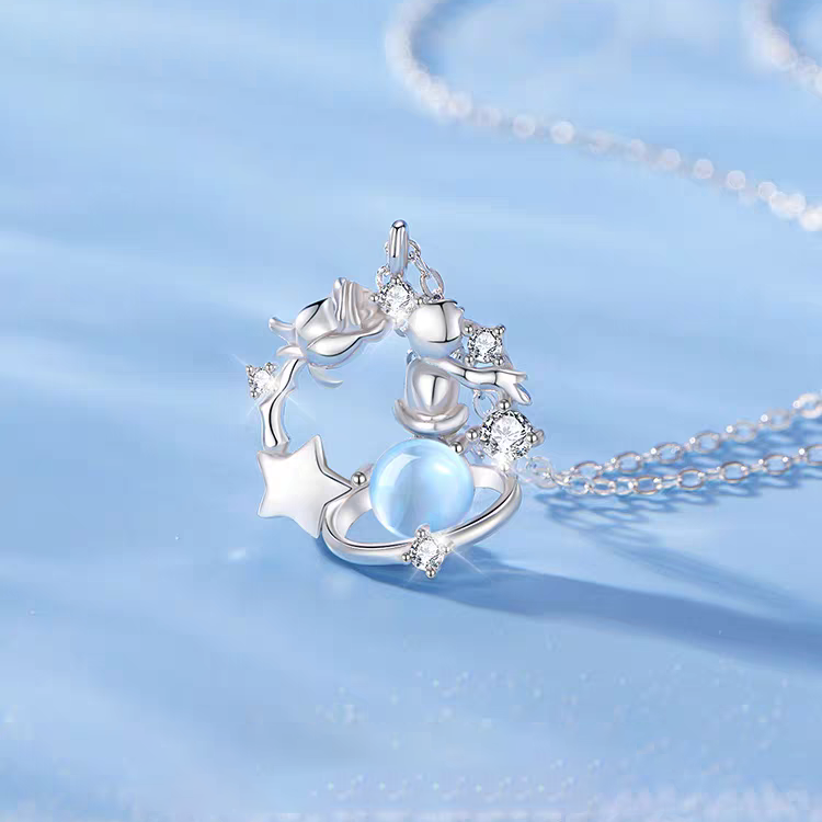 1pc 999 Sterling Silver Moonstone Little Prince Planet Pendant Necklace, Dreamy Sweet Style, Perfect For Daily Wear & Valentine's Gifts