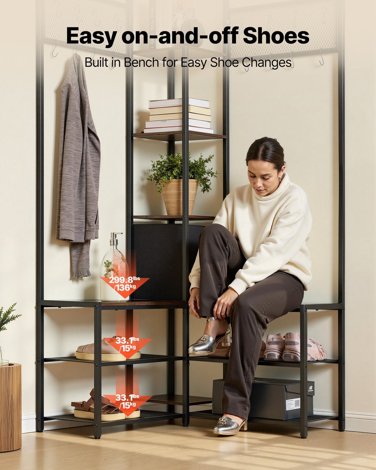 Corner Hall Tree With Shoe Bench, 70.9 In Coat Rack With Hooks And Steel Frame, Freestanding Clothes Shoes Rack Storage Organizer With Anti-Tip Set, For Entrance, Closet, Office, Rustic Brown