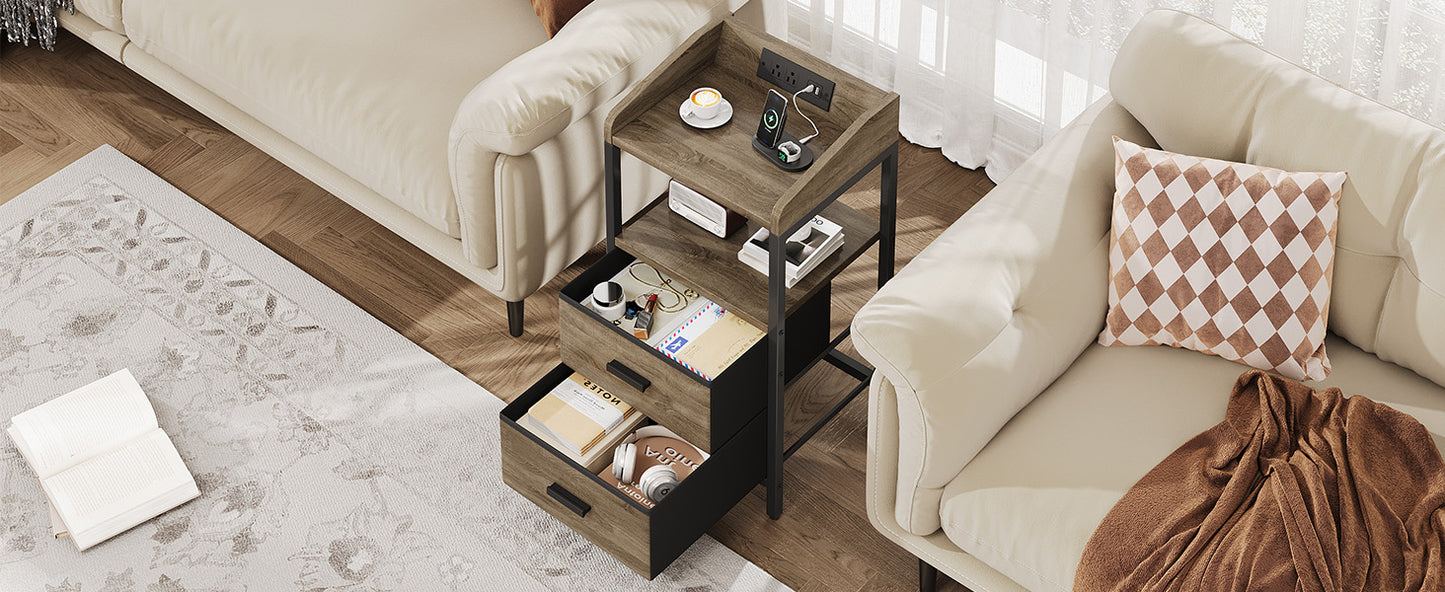 Nightstand With Charging Station Modern Bedside End Side Table With Guardrail Storage Shelf 2 Fabric Drawers USB Ports AC Outlets