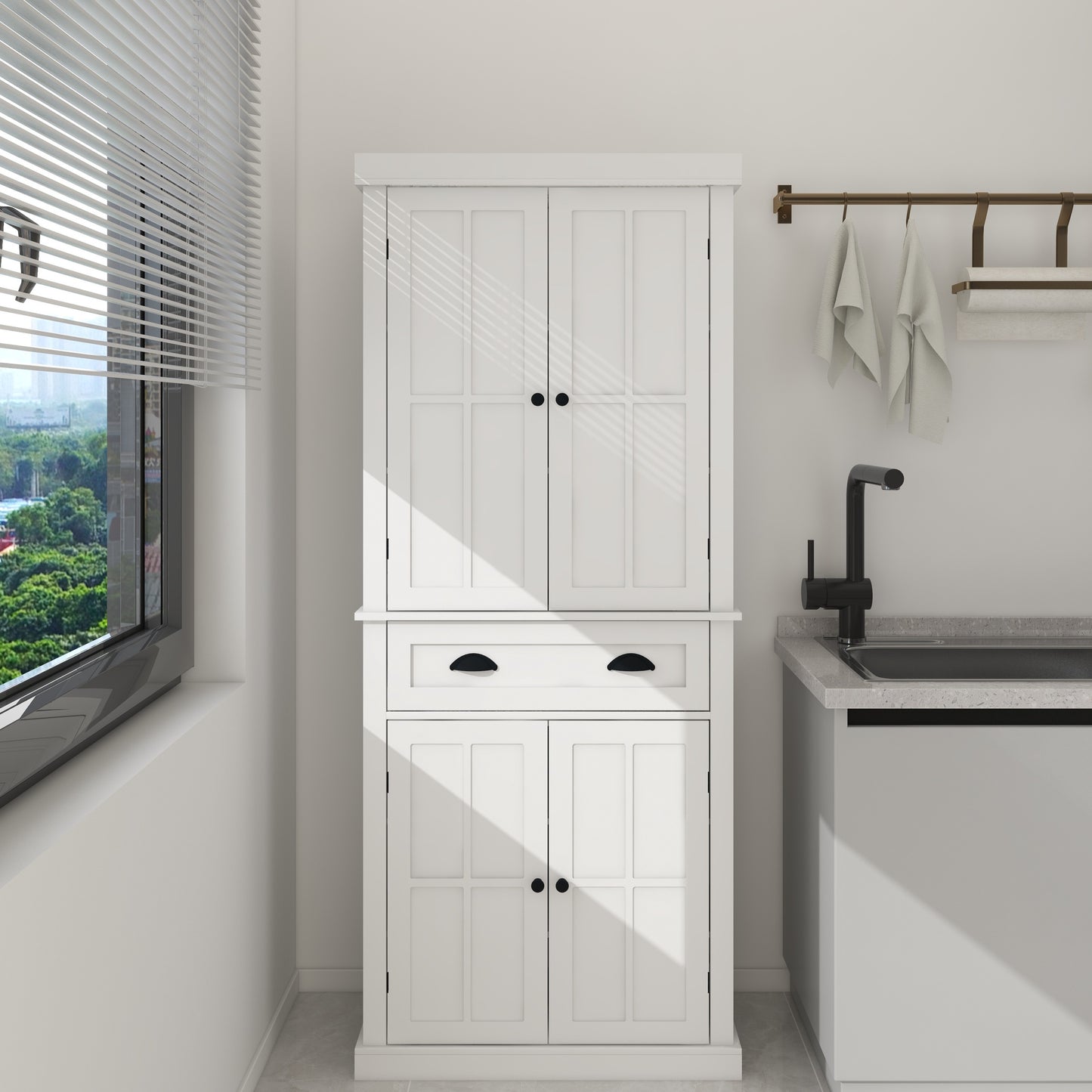 71 Kitchen Pantry Storage Cabinet , With 4 Doors, Drawer, 2 Adjustable Shelves, Freestanding Cupboard For Dining Room Living Room, Laundry-White