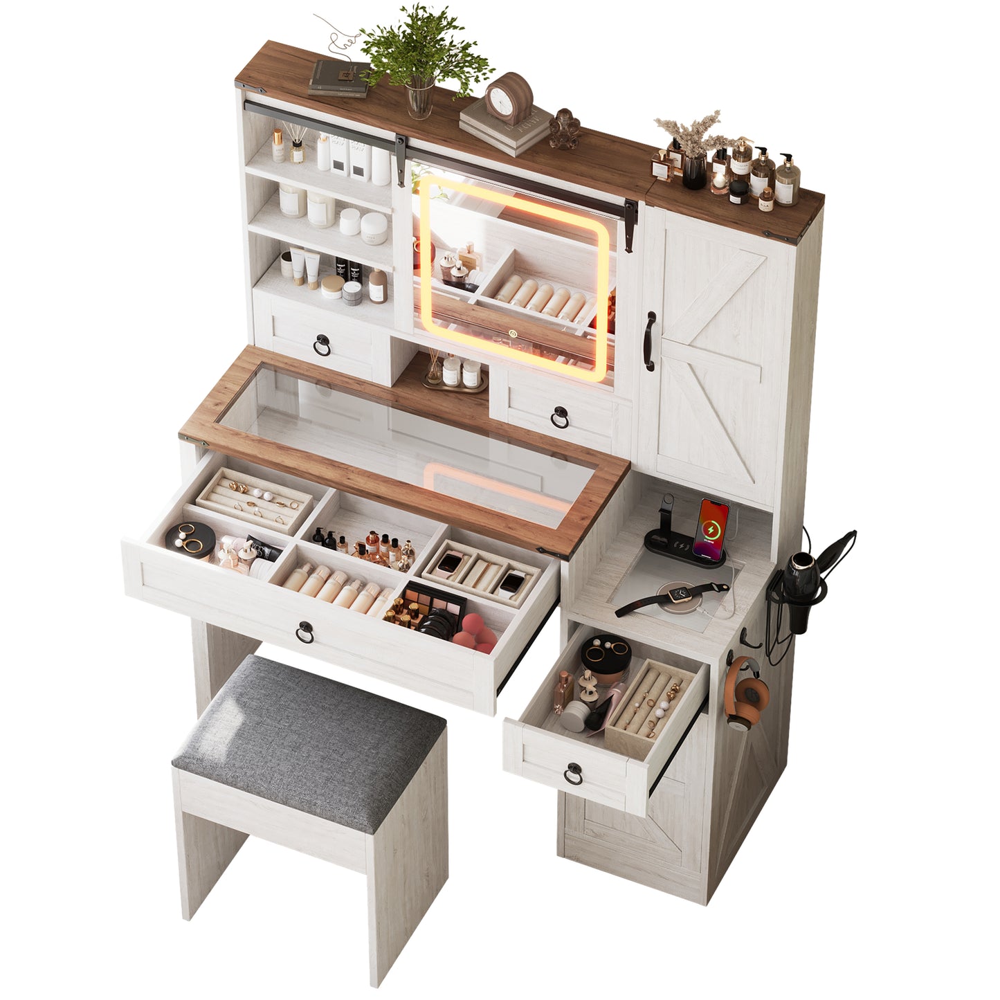 Farmhouse Vanity Desk With Sliding Mirror And Lights, Vanity Set With Glass Top And Charging Station ,Dressing Table With 4 Drawers And 2 Cabinets, Dressing Table With Stool For Bedroom, White