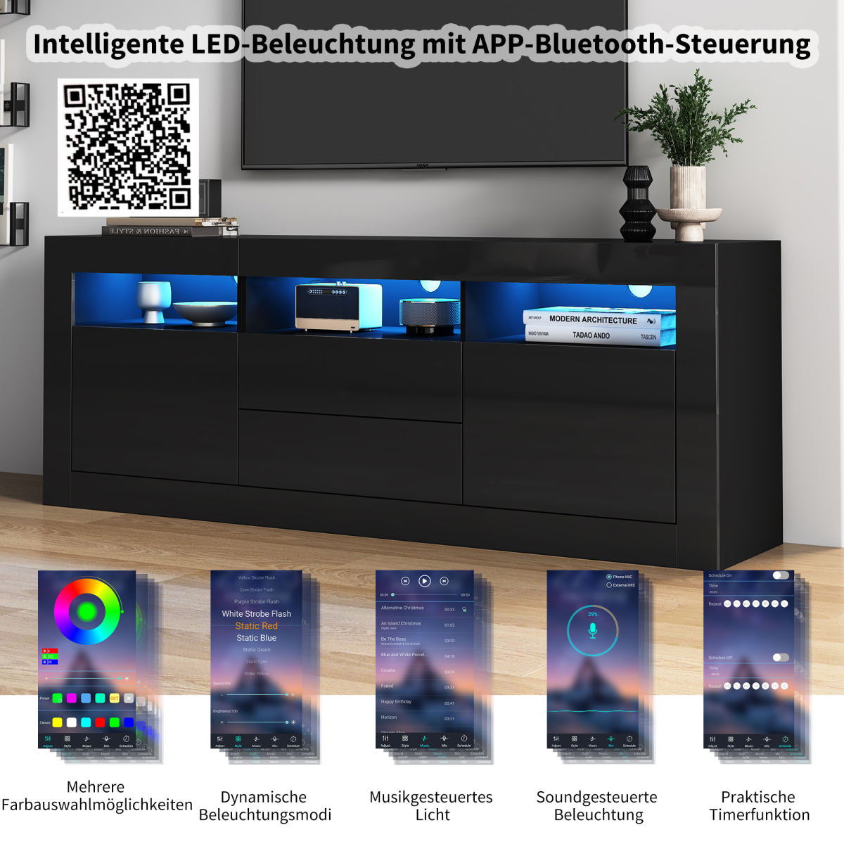 160x35x60cm High Gloss TV Cabinet With LED Lighting, 3 Open Compartments, 2 Doors, 2 Drawers, Smart App Control, For 70 Inch TV,High Gloss TV Stand