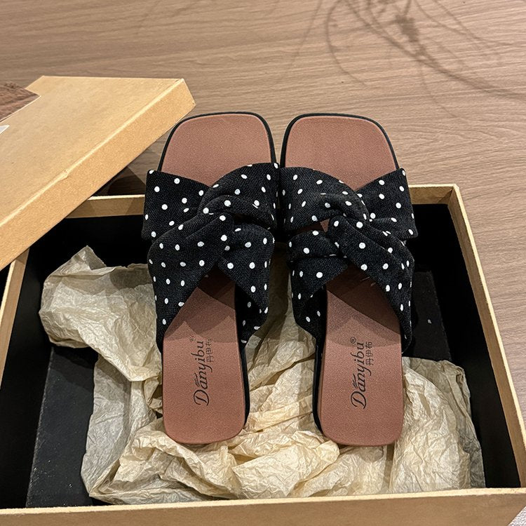 French Polka Dot Cross Belt One Line Slippers For Women's Summer Outdoor Wear Vacation Fairy Style Beach Sandals