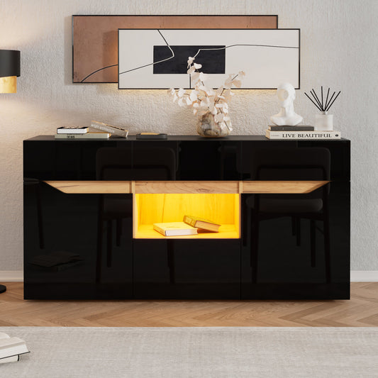 140x40x70cm Living Room Credenza,Sideboards With 4 Drawers,Cabinet With Two Compartments,Wide Handleless Dresser,Versatile,High Gloss Sofa Side Cabinet With LED Lighting,Black Wood Color
