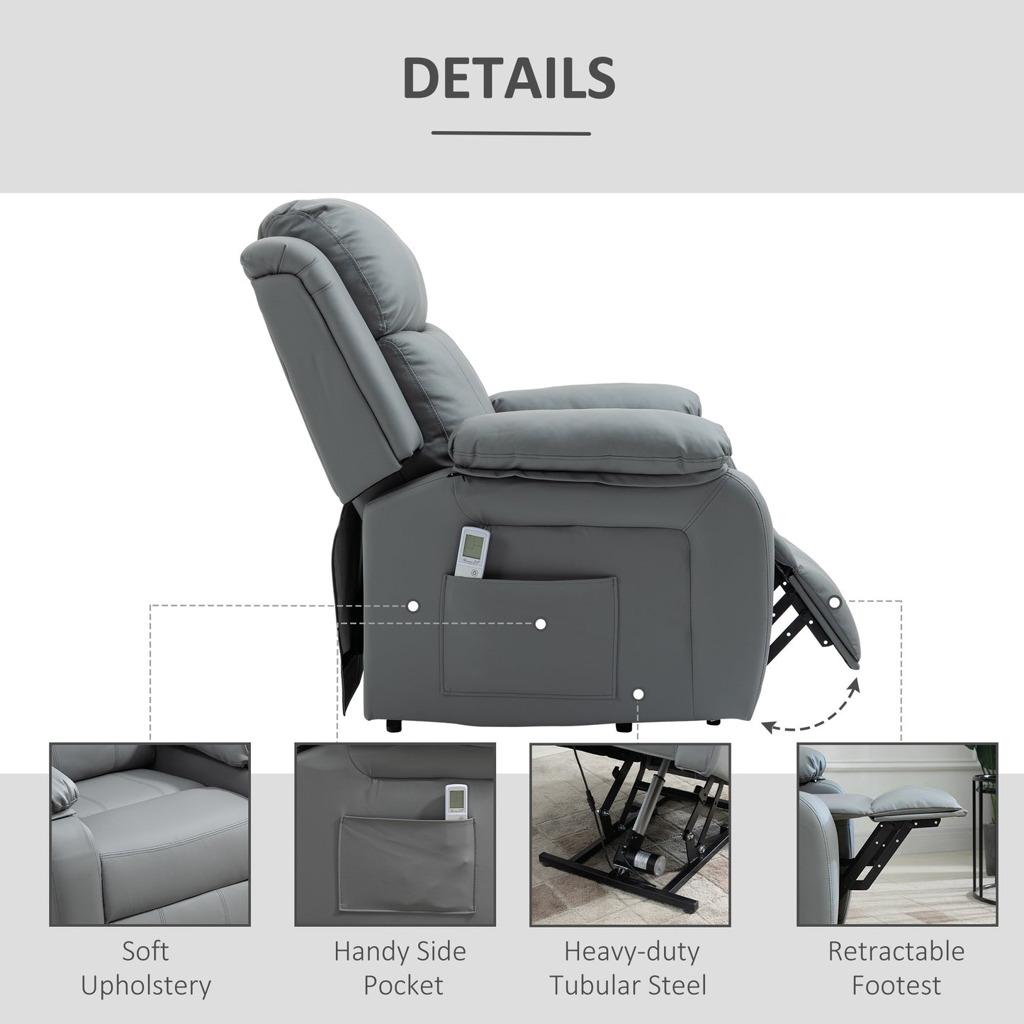 Riser And Recliner Chair With Massage, Power Lift Recliner Chair For Elderly With Remote Control, Extended Footrest, Dual Side Pockets, Overstuffed Electric Reclining Armchair, Grey