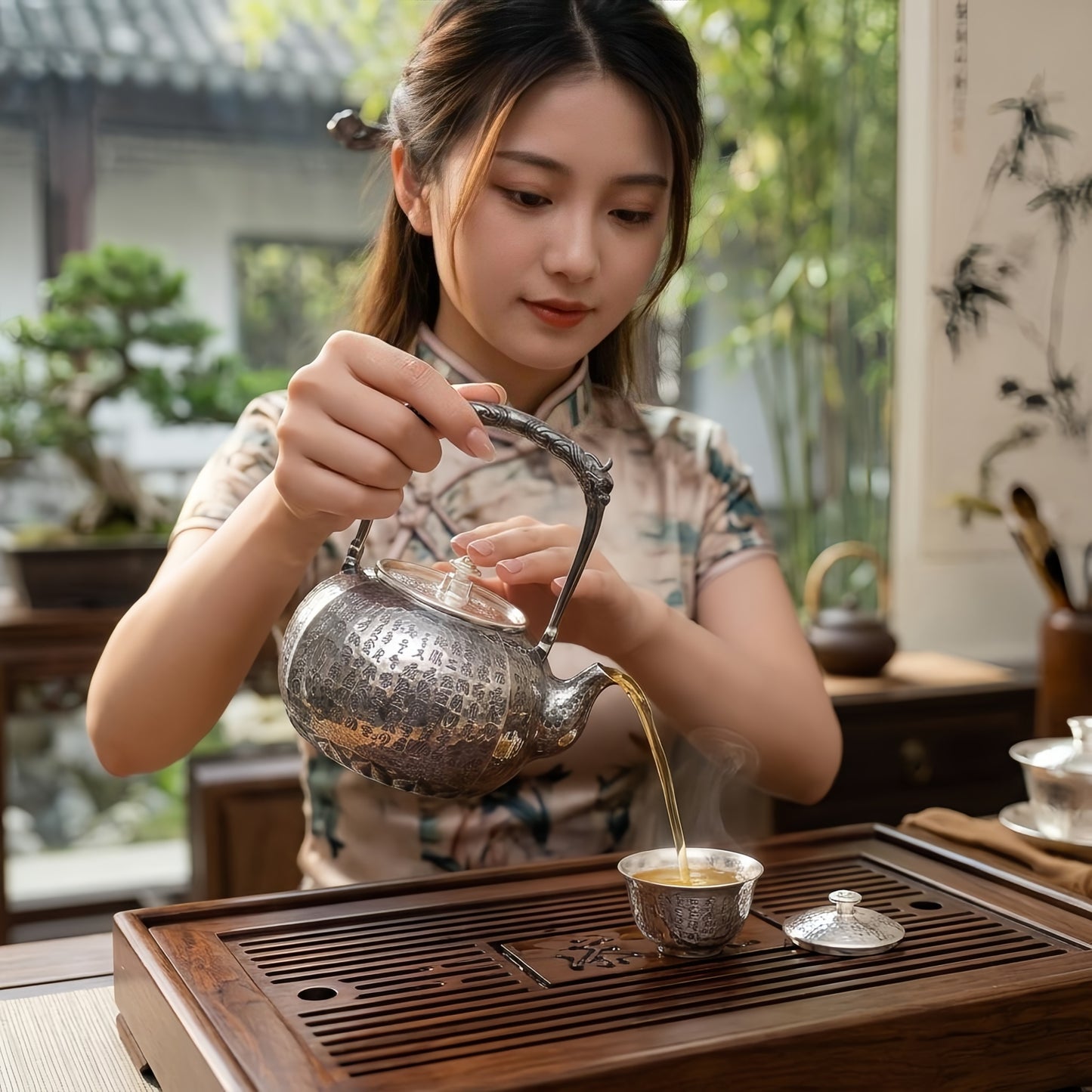 Pure 999 Fine Silver Vintage Hammered Silver Tea Kettle with Calligraphy Engravings and Ornate Handle - Handicraft