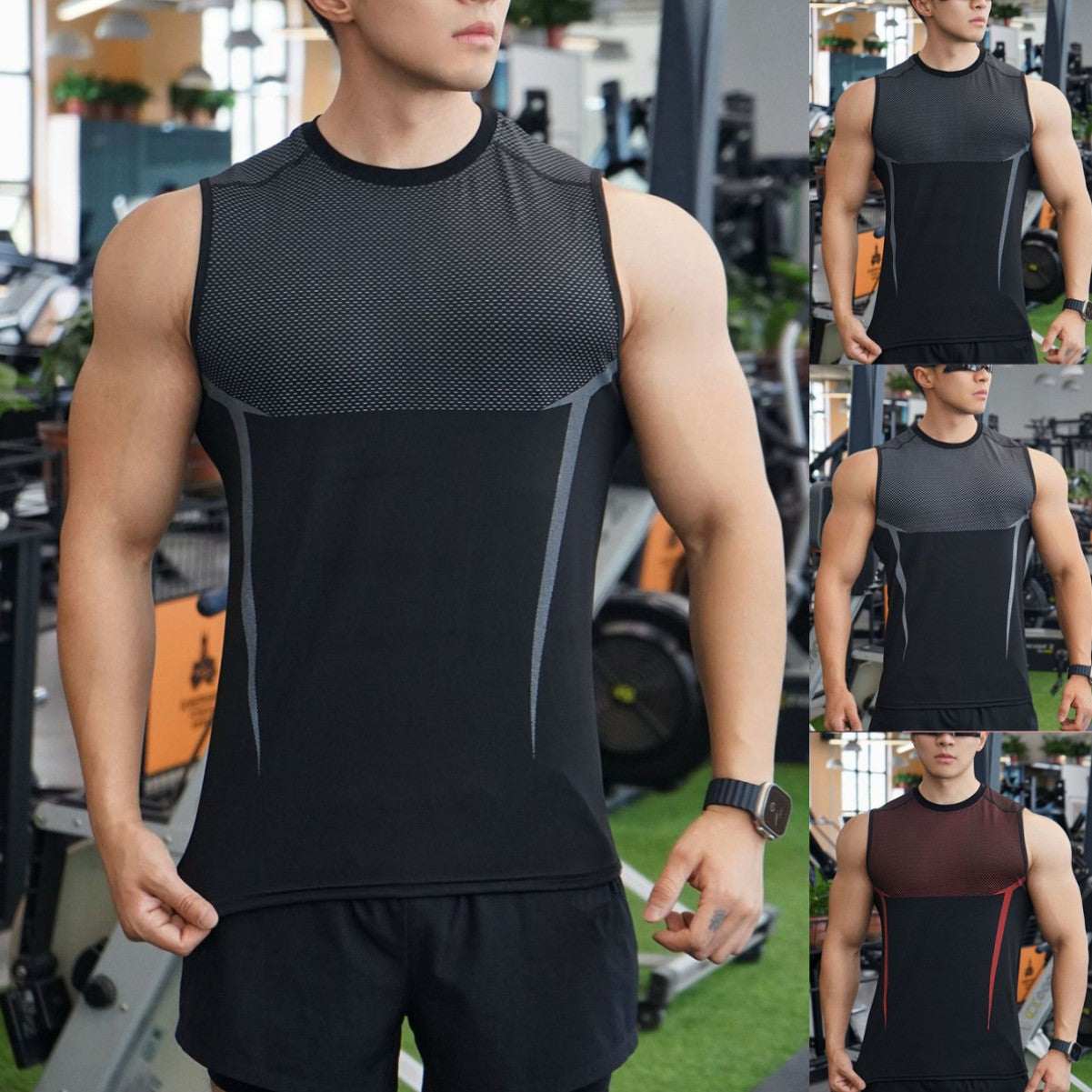 Men's Outdoor Running Training Sports Fitness Stretch Printed Breathable Solid-Color Top For Weightlifting