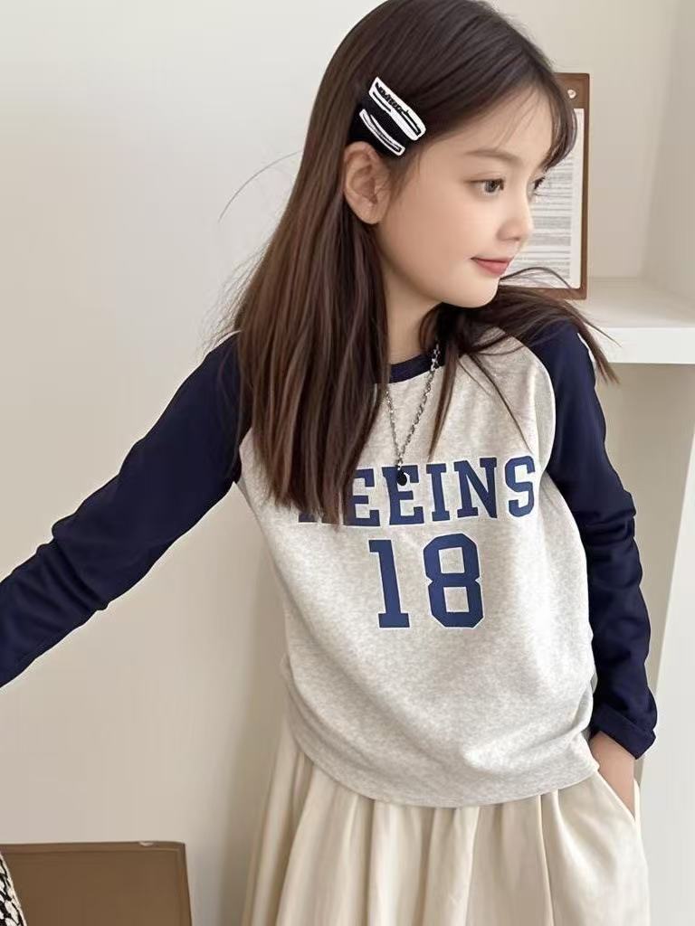 Girls' Cotton Top, Korean-Style Color-Block Raglan Long-Sleeve T-Shirt