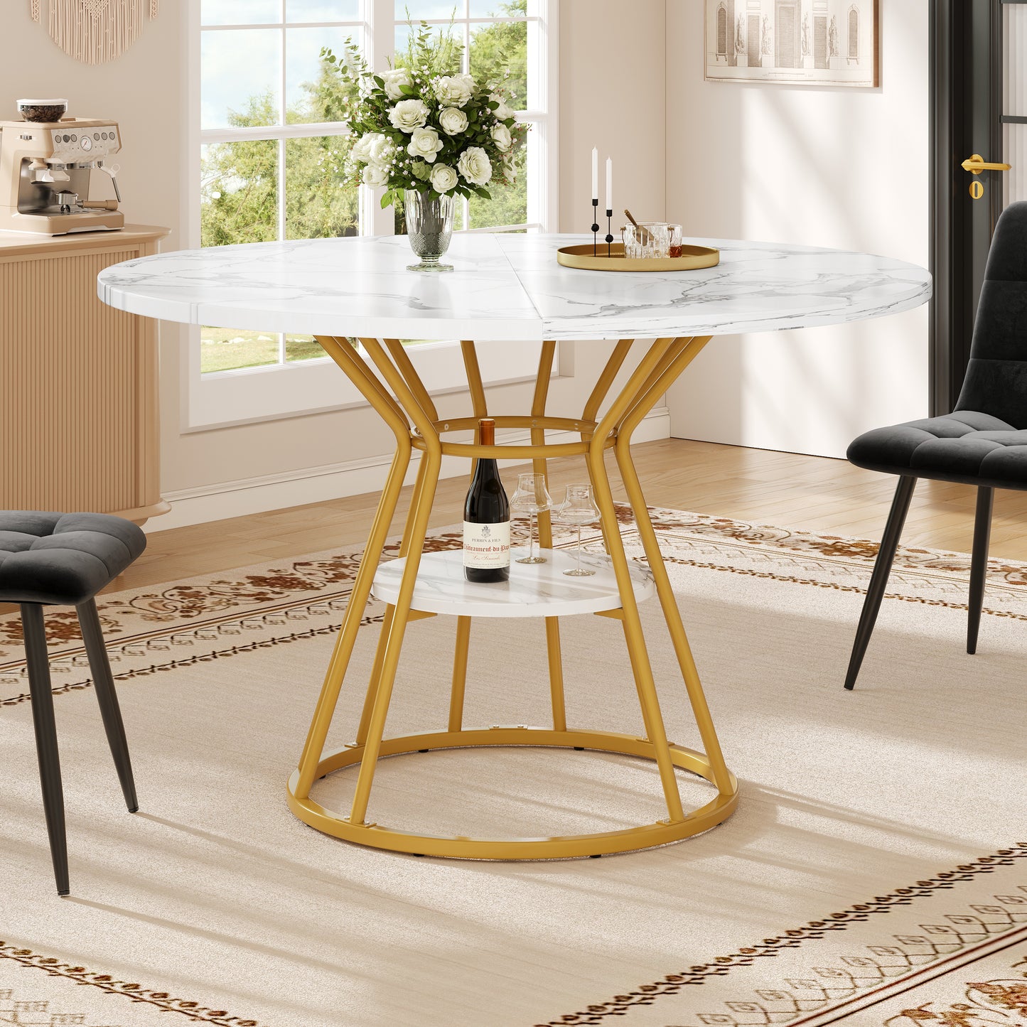 Round Dining Table  1 Piece Kitchen Table Breakfast Table Metal Legs Marble Pattern Gold Black