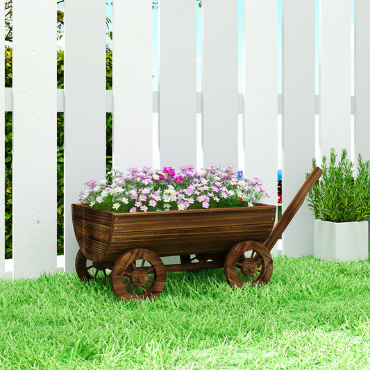 Wooden Wagon Planter Box, Mobile Garden Planter with 4 Wheels, Small Wheelbarrow Wagon Flower Cart with Drainage Hole