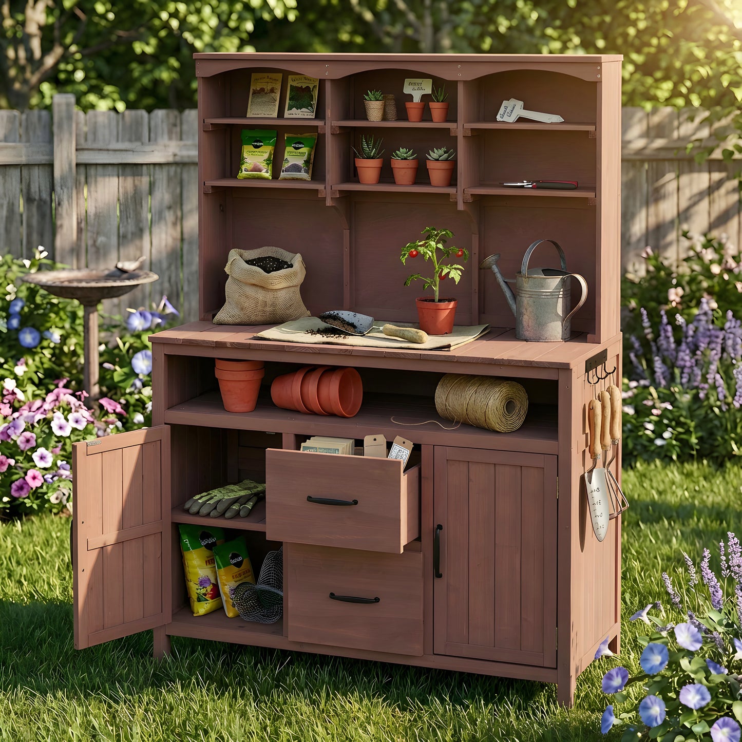 With Assembly Video TOPMAx Large Fir Wood Potting Bench  45.3 L Multi- Functional Outdoor Patio Kitchen Island With Hutch  Cabinets  Drawers & Hooks   Large Countertop For Gardening  Grill  Brown