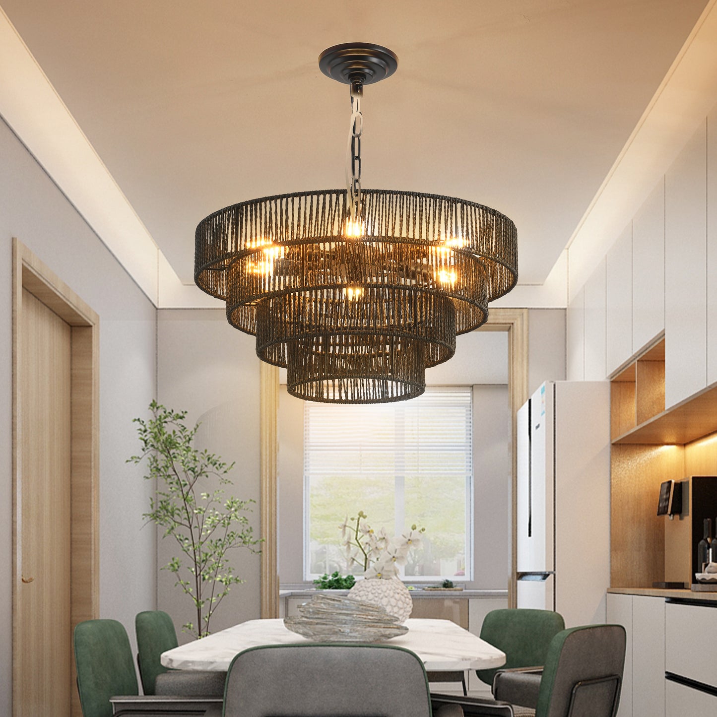 20  Rustic 4-Tier Black Hemp Rope Pendant Light Chandelier With 6 E12 Sockets, Handmade Tiered Boho Ceiling Light Fixture For Dining Room, Kitchen, Or Foyer Bulb Not Included