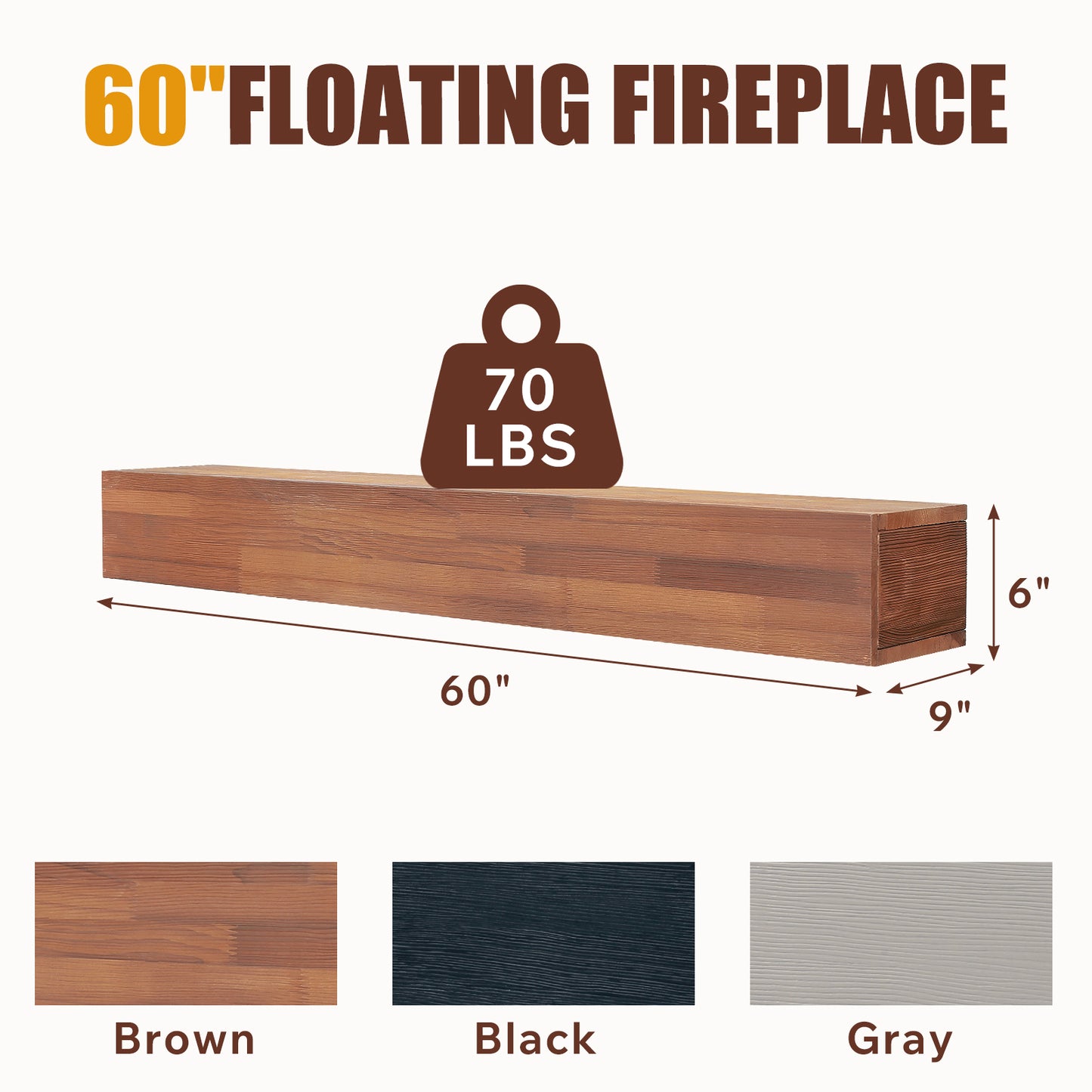 60  Rustic Wood Fireplace Mantel, Wall-Mounted & Floating Shelf For Home Decor