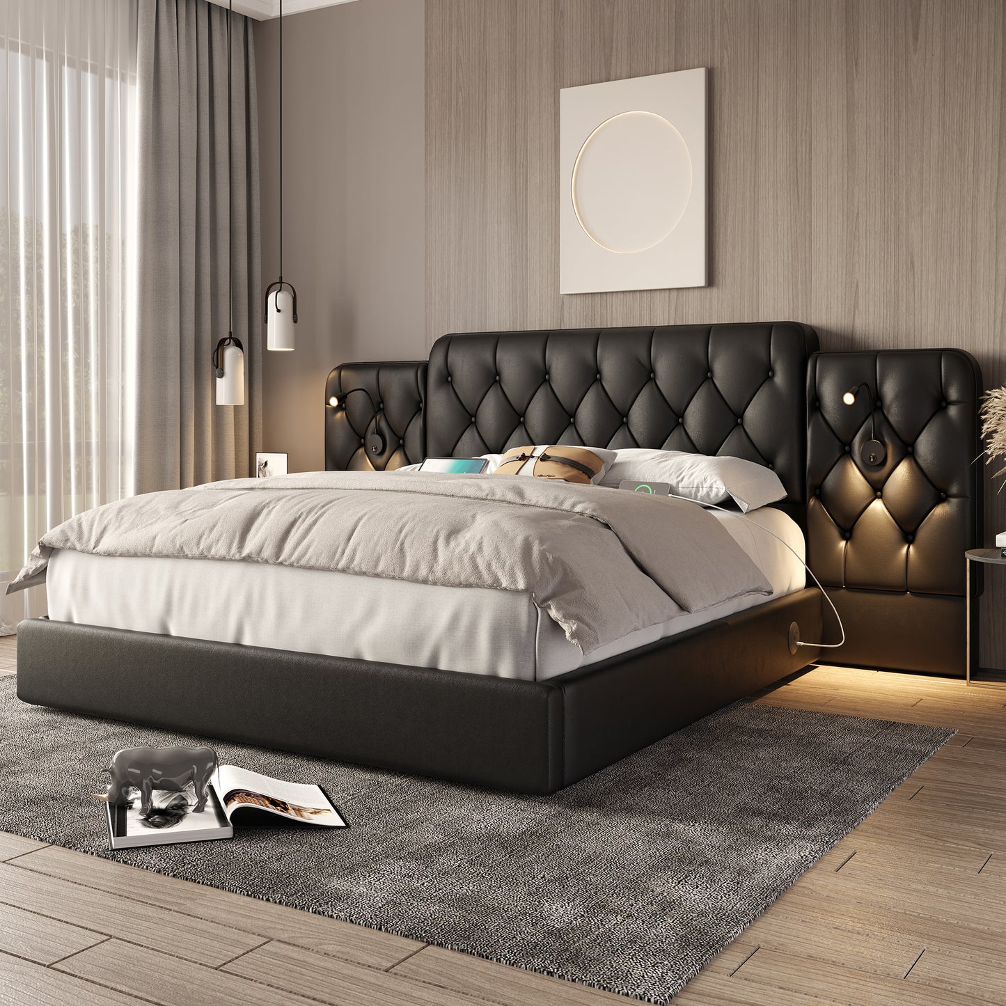 Old SKU W1880S00073 Bed Frame With Long Headboard, Fashionable Velvet Material, Multiple USB Ports, Desk Lamp, Hydraulic System, Extra Large Storage Space At The Bottom, 160 X 200 Cm, Black