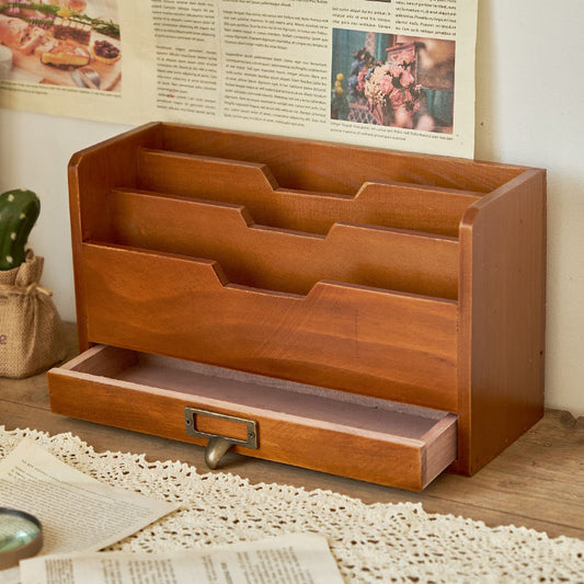 Retro Style Wooden Desktop Drawer Organizer Box - Office File Storage Cabinet For Desk Organization