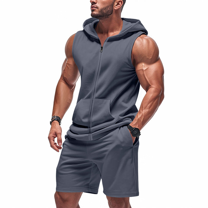 Mens Fitness Zip-Up Loose-Fit Casual Hooded Set