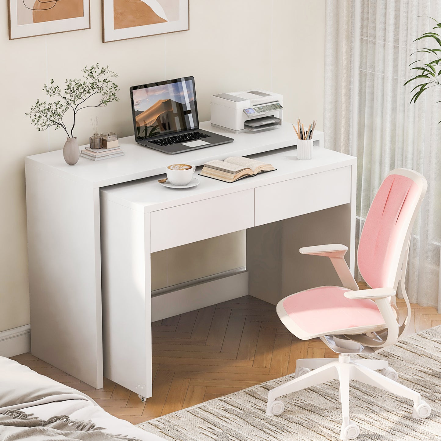 Shelf Desk  Chest Of Drawers 2-in-1 Compact Desk, Extendable, The Entire Table Is Made Of 1.8 Cm Thick Wood, Equipped With Castors, Can Be Flexibly Combined, Foldable Desk