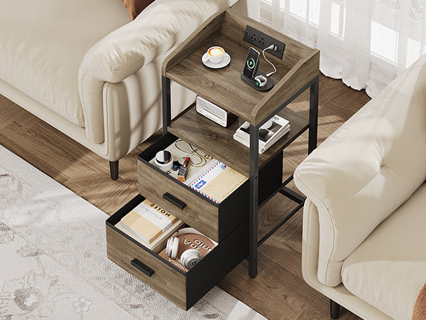 Nightstand With Charging Station Modern Bedside End Side Table With Guardrail Storage Shelf 2 Fabric Drawers USB Ports AC Outlets