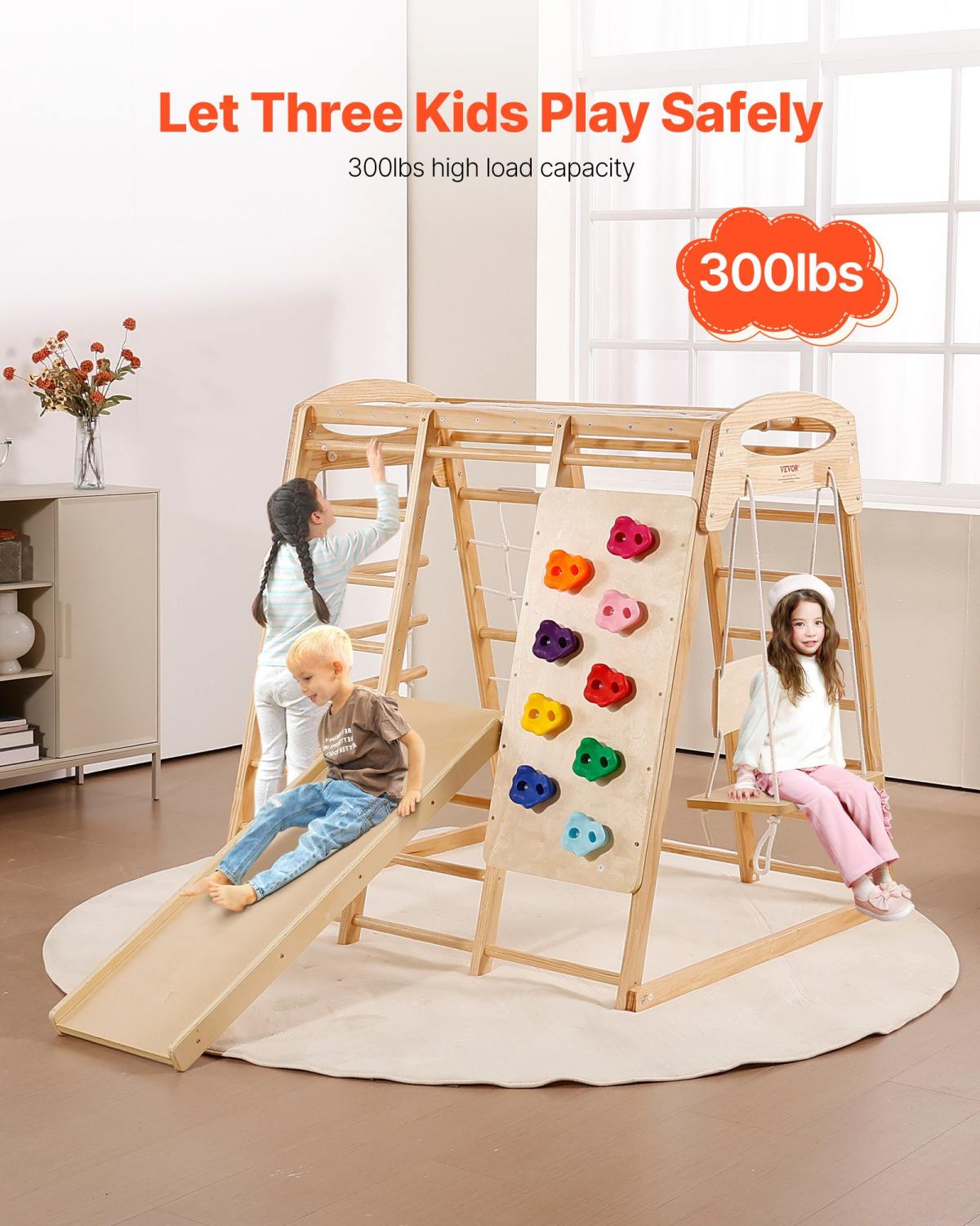 Indoor Jungle Gym, 7-in-1 Toddler Indoor Playground, 43 X 47.2 X 47 Inch, With Wood And Rope Ladder, Net Ladder, Swing, Monkey Bar, Slide, Climbing Wall, Wooden Indoor Climbing Toys For Kids